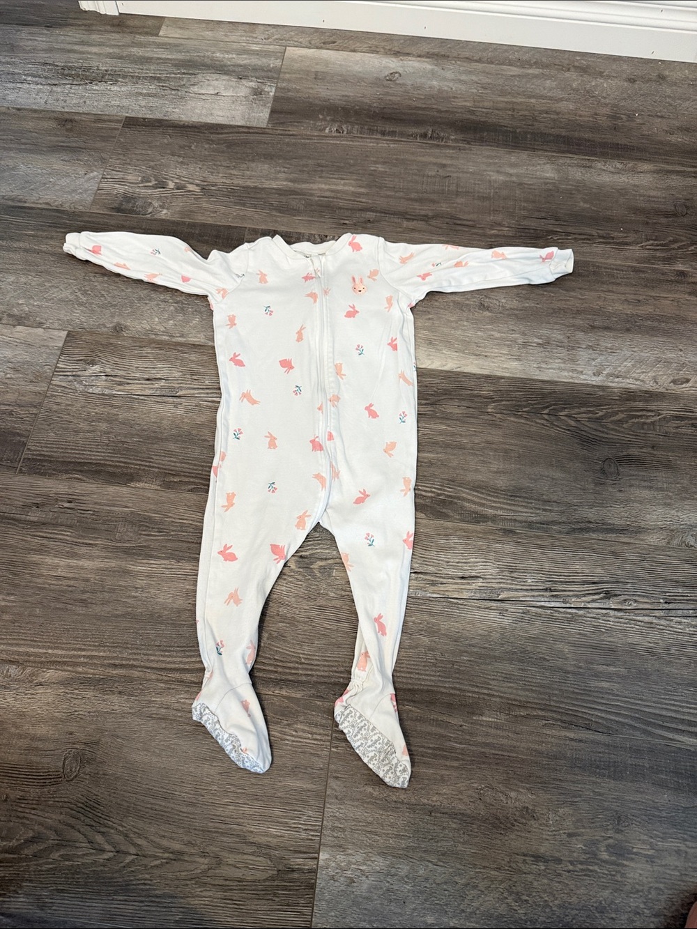 Pekkle White Baby One-Piece Footed Sleepwear with Pink Bunny Print